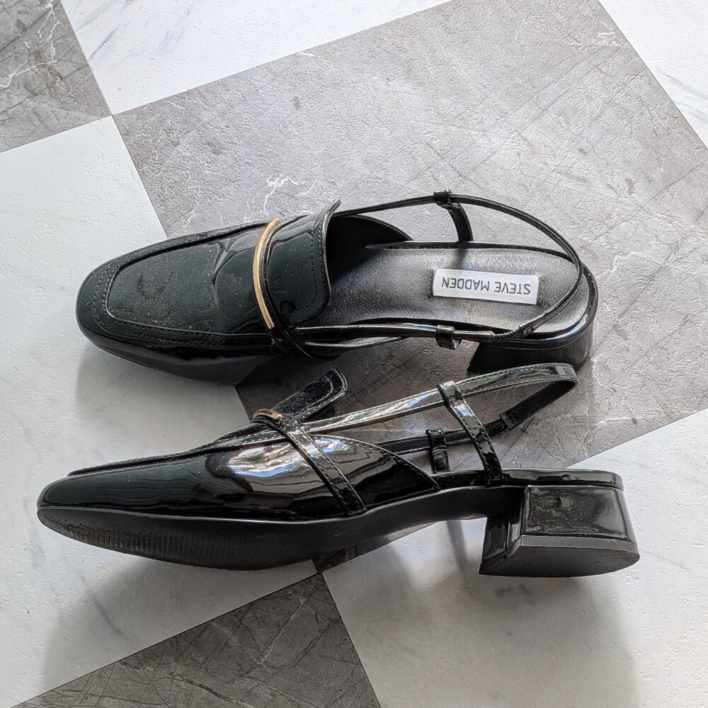 SOLD Steve Madden Calibri Black Patent Heeled Mules 9 GUC